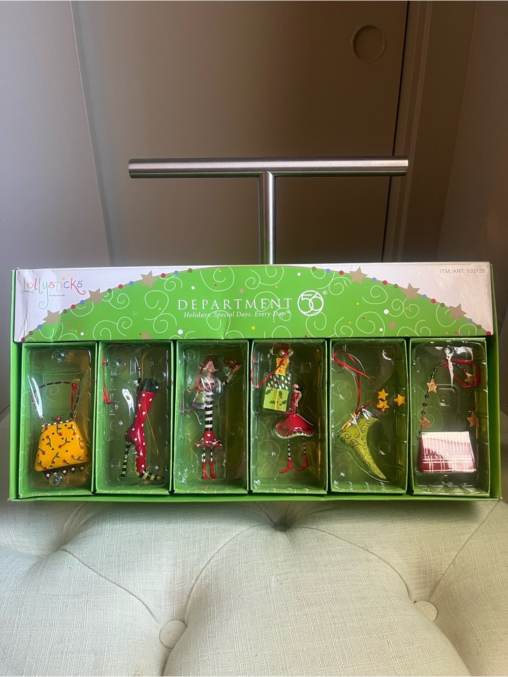 Department 56 Holiday Jolly Stick Ornament Set in Green, Red, Yellow, Black